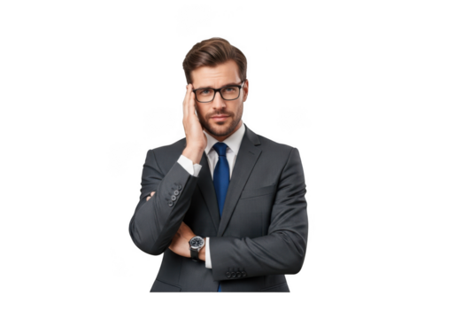 Worried businessman in suit touching head with glasses looking at camera stock photo, isolated on transparent background
