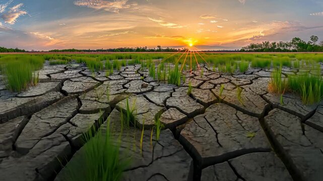 Sunset illuminates cracked soil with sparse green grass in a drought-impacted agricultural area, highlighting environmental challenges