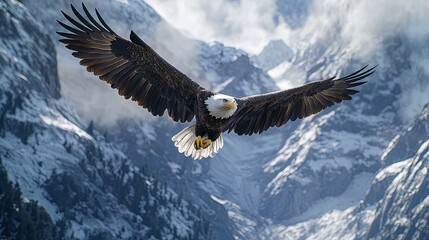 Obraz premium Majestic Bald Eagle Soaring Above Snowy Mountain Peaks.