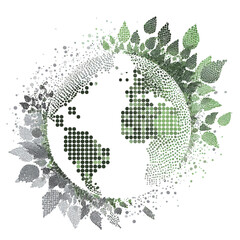 Fototapeta premium A vibrant representation of the earth made from green and gray dots, surrounded by lush leaves, symbolizes environmental awareness and sustainability efforts in our world.
