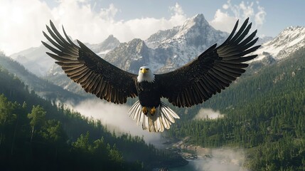 Obraz premium Majestic Bald Eagle Soaring Over Lush Green Forest and Snowy Mountains.