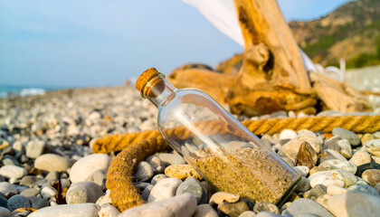 A glass bottle filled with sand, resting on a pebble beach, next to driftwood and rope.