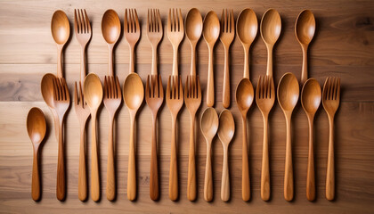 Neatly arranged set of wooden spoons and forks on a wooden surface.