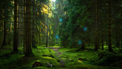 Obraz premium Enchanted Forest Path: Mystical Green Moss, Sunlit Trees, Luminescent Glow