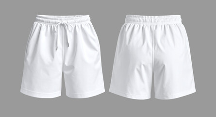White athletic shorts pants front and back view with gray background