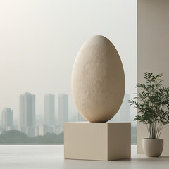 A large textured egg sits on a pedestal in front of a blurred cityscape and a small potted plant