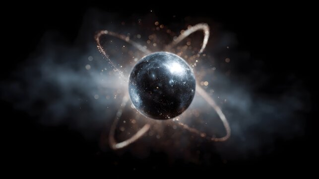 Abstract digital render of a glowing atom model with luminous orbits and energetic particles