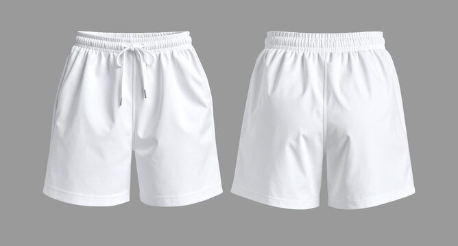White athletic shorts pants front and back view with gray background