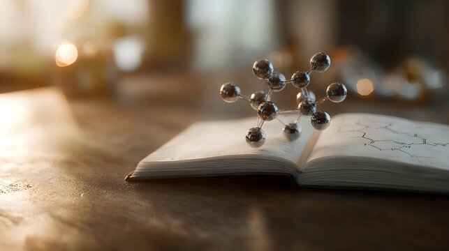 A metallic molecular model rests on an open book displaying chemical structure diagrams with warm lighting