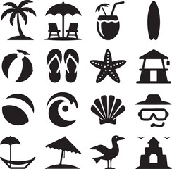 Tropical Beach Vacation Icons Set Palm Tree Coconut Drink Surfboard Keywords: beach, vacation