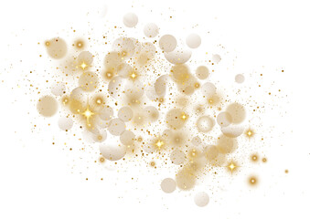 Abstract Gold Glitter Design Element. Group of Bokeh and Confetti for Merry Christmas and Happy New Year Banner, Poster, Website Congratulations. Holiday Party BG. Shiny Festive Background. 