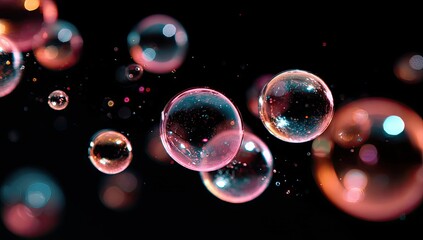 Naklejka premium Floating iridescent bubbles in a dark background