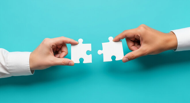 Hands connecting jigsaw puzzle pieces business teamwork solution partnership concept blue