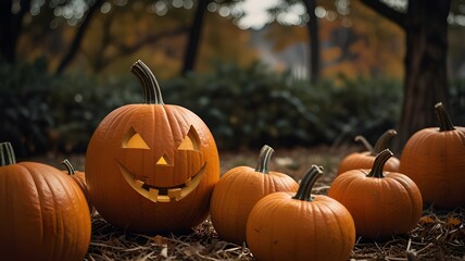 Glowing Carved Pumpkins Lighting Up Halloween Night Thriller Terror