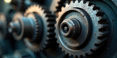 Close-up of intricate gears meshing, demonstrating the precise mechanics of power transmission The image highlights industrial strength and mechanical efficiency , precision, metal