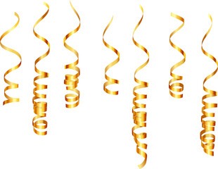 Gold Metallic Spiral Ribbon Confetti. Gold foil Streamer. Golden serpentine ribbons set isolated on white background. Festive Carnival Holiday Party Decoration.