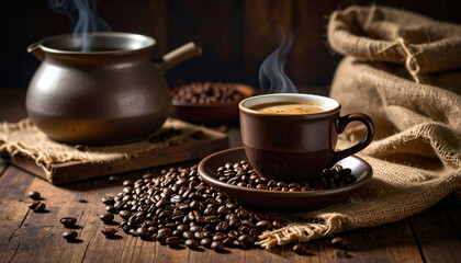 A steaming cup of coffee sits beside a pot and scattered beans on a wooden surface.