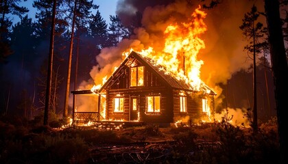 A burning log cabin in a dark forest at night