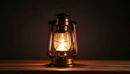 A vintage oil lantern glows brightly, illuminating a wooden surface against a dark background.