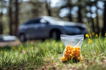 Fototapeta premium A bag of small orange snacks sits on the grass near a car.