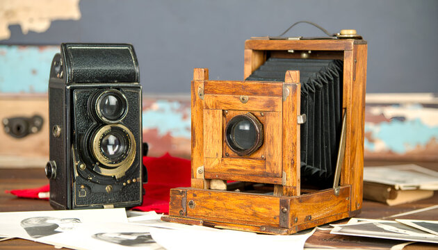 Two antique cameras, a black and a light brown wooden one, sit on a table with old photographs.