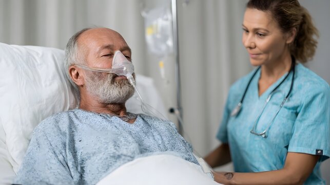 Elderly patient receiving oxygen therapy in hospital bed while nurse attends