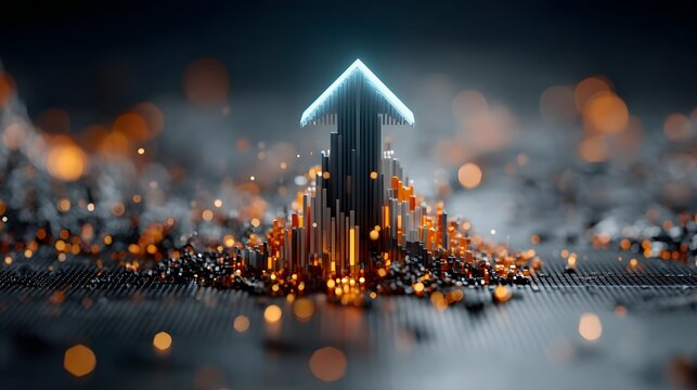 Golden Orange Cyan Blue Neon Navy Scattered Bokeh Visualization Glowing Upward Arrow Pointing Top Right Positioned Holographic Data Template Branding Social Media Poster Banner Marketing SEO Optimized - Powered by Adobe