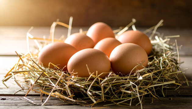 Fresh brown eggs nestled in a rustic straw nest on a wooden surface. - Powered by Adobe