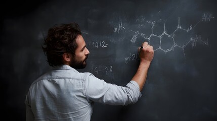A scientist meticulously writes complex chemical formulas and a molecular structure on a dark chalkboard