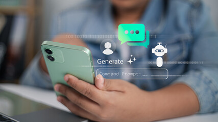 Person Using Mobile Phone with Futuristic AI Chatbot Interface