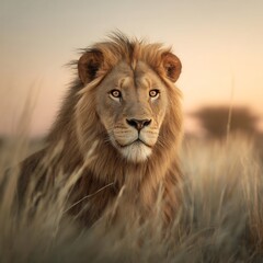 Obraz premium Close up portrait of a male lion in the african savanna at sunset