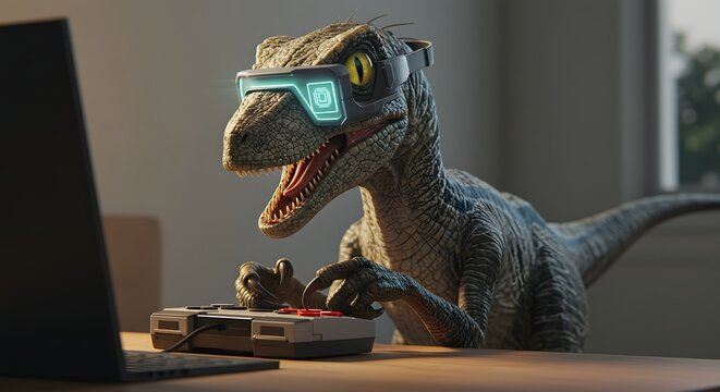 A Velociraptor Using an Old-School Video Game Controller