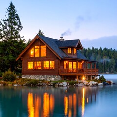 Fototapeta premium Lakeside cabin at dawn