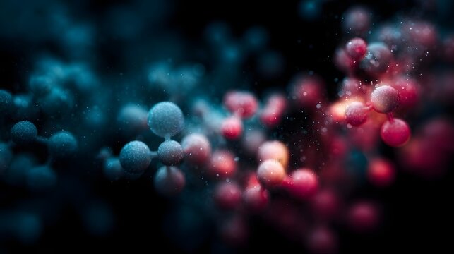 Abstract 3D molecular structures with glowing bonds and particles in vibrant blue and red