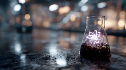 A glowing holographic atom projection floats above soil within a laboratory flask symbolizing scientific innovation