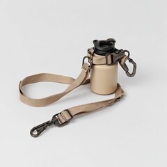 Beige canvas strap with metal hardware secures a light beige cylindrical container