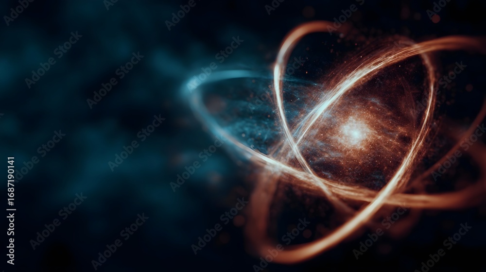 Wall mural abstract glowing atomic nucleus with luminous electron orbitals swirling dynamically representing qu