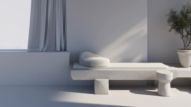 A minimalist, light-filled outdoor lounge area crafted from light gray stone, featuring a comfortable daybed and a potted olive tree.