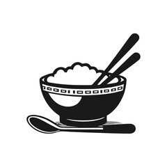 Simplified Cuisine: A minimalist, black and white illustration of a bowl of rice, complete with chopsticks and a spoon, capturing the essence of simplicity and culinary elegance.