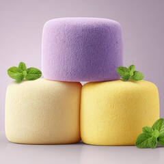 Three pastel-colored, round, puffy items stacked, with mint leaves