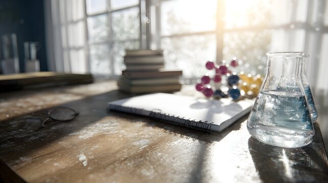 A sunlit laboratory desk with scientific equipment including flasks a notebook and a molecular model