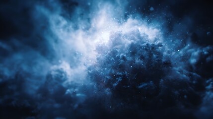 Vibrant blue cosmic nebula with swirling clouds sparkling particles and intense bright light abstract energy