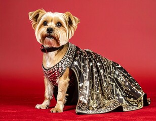 Glamorous yorkshire terrier dog in black and gold sequin evening gown on red background