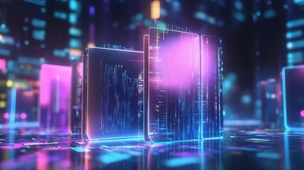 Futuristic server racks processing data in a dark room - Powered by Adobe