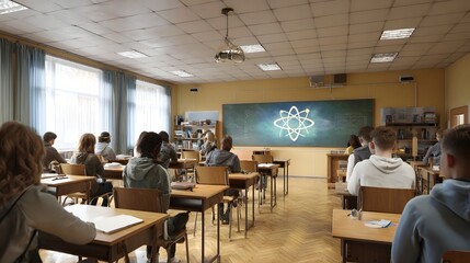 Students in a modern classroom attentively learning about science with an atomic model displayed