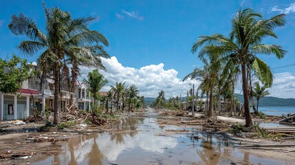 Flooded coastal street with palm trees and destroyed houses after devastating tropical storm disaster