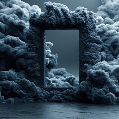 A dark, rectangular frame, seemingly carved from stone, is framed by billowing, dark-blue smoke.  A void or passageway is revealed through the frame