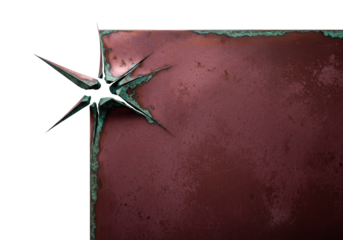 Thick, aged patinated copper sheet, deep burgundy hue, verdigris, jagged starburst fracture revealing white background, isolated on transparent, macro shot, concept of material decay