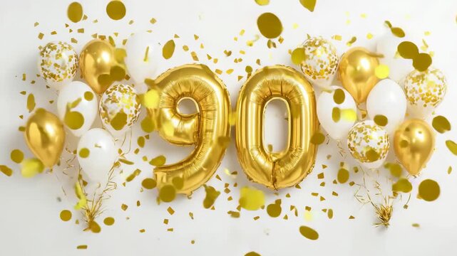 Golden balloons with number 90 and festive white balloons with confetti for birthday or anniversary party