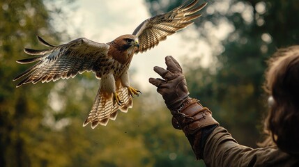 Obraz premium Person interacting with a hawk in flight.